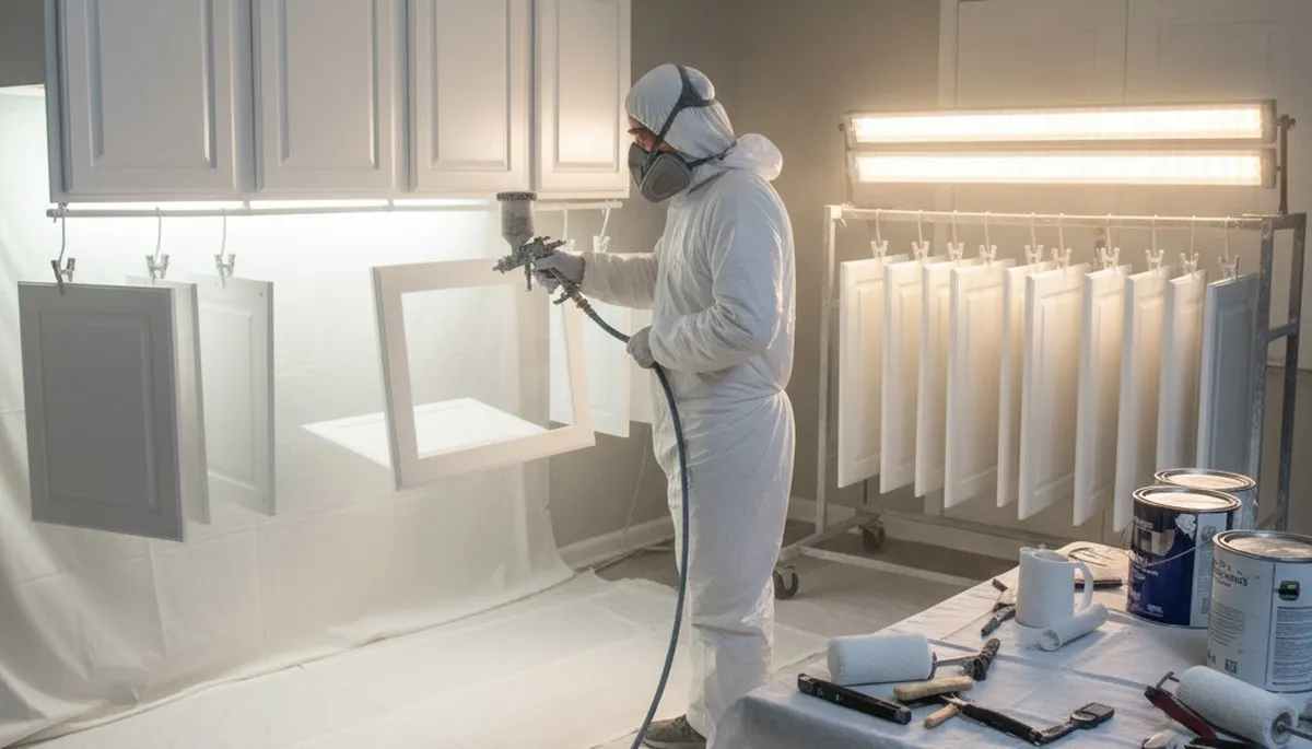 Professional cabinet painting in Greenville, NC using spray techniques for smooth, durable kitchen finishes