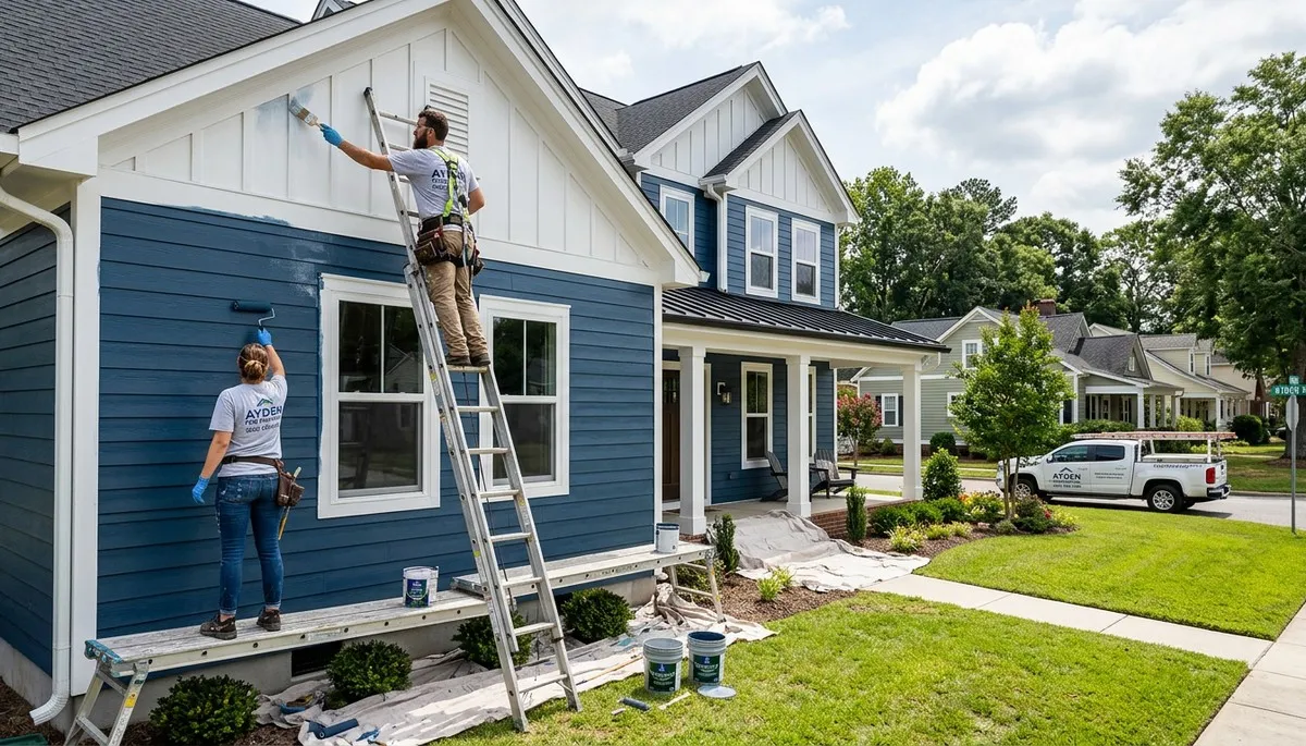 Professional house painters working on exterior home in Greenville, NC
