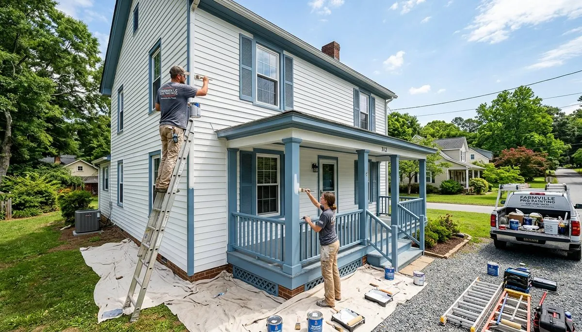 Professional house painters working on exterior home in Greenville NC