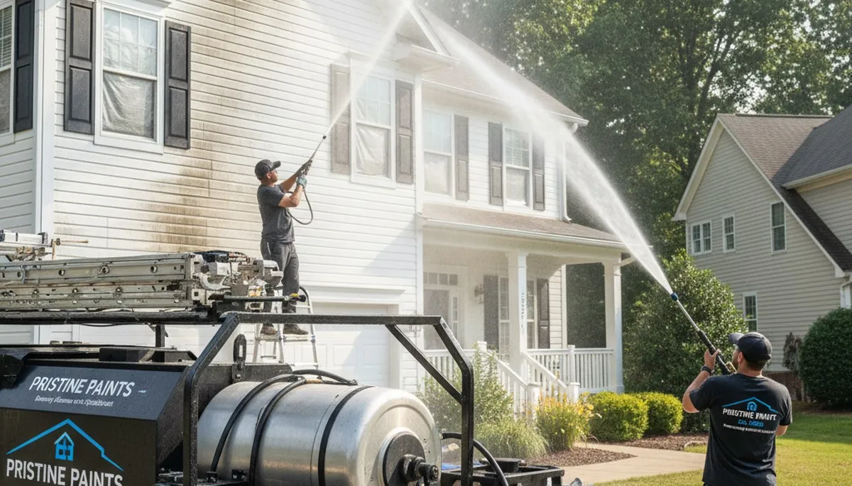 Professional pressure cleaning a home exterior in Greenville, NC removing mold, mildew, and grime